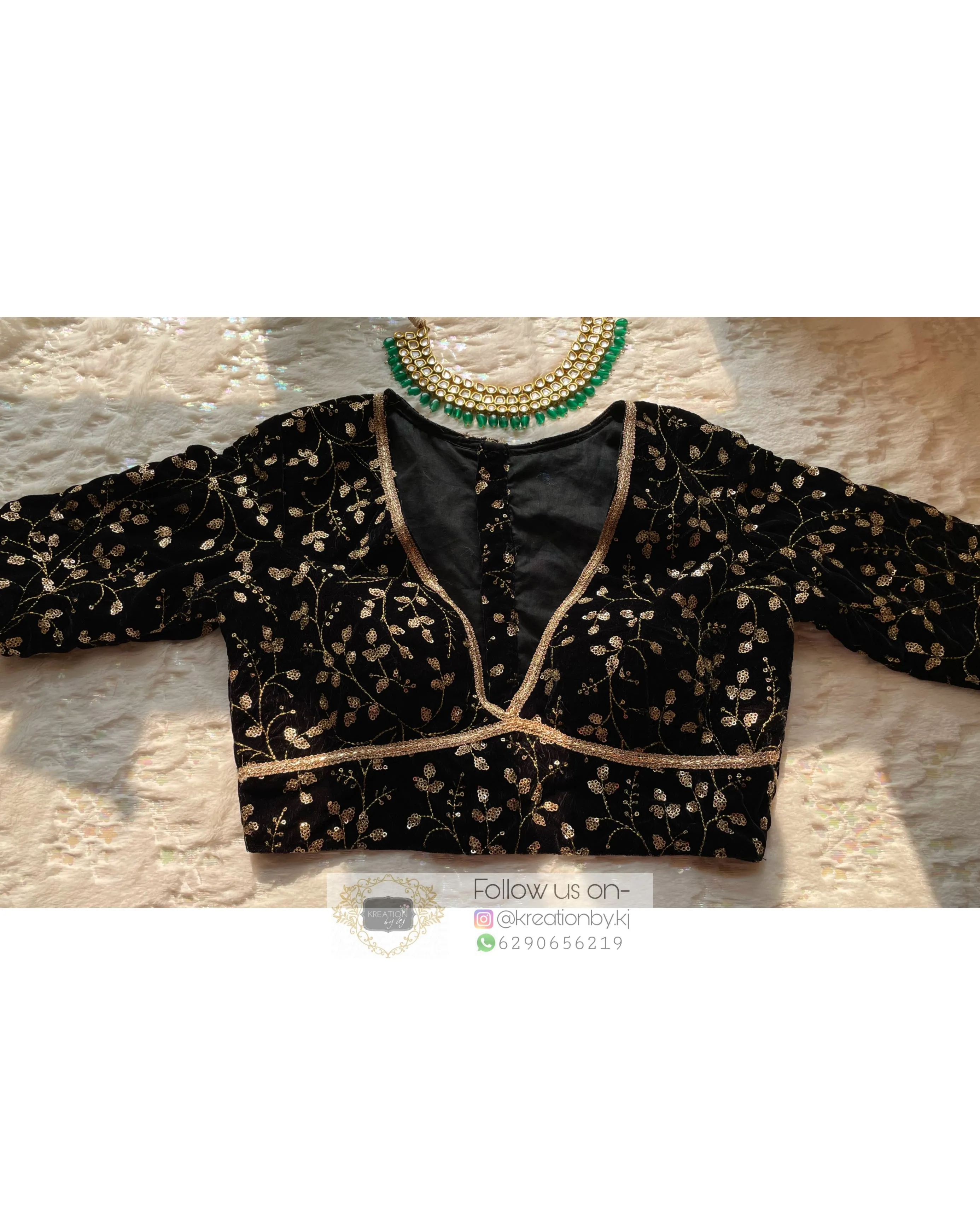 Black Plunging Neck Velvet Blouse