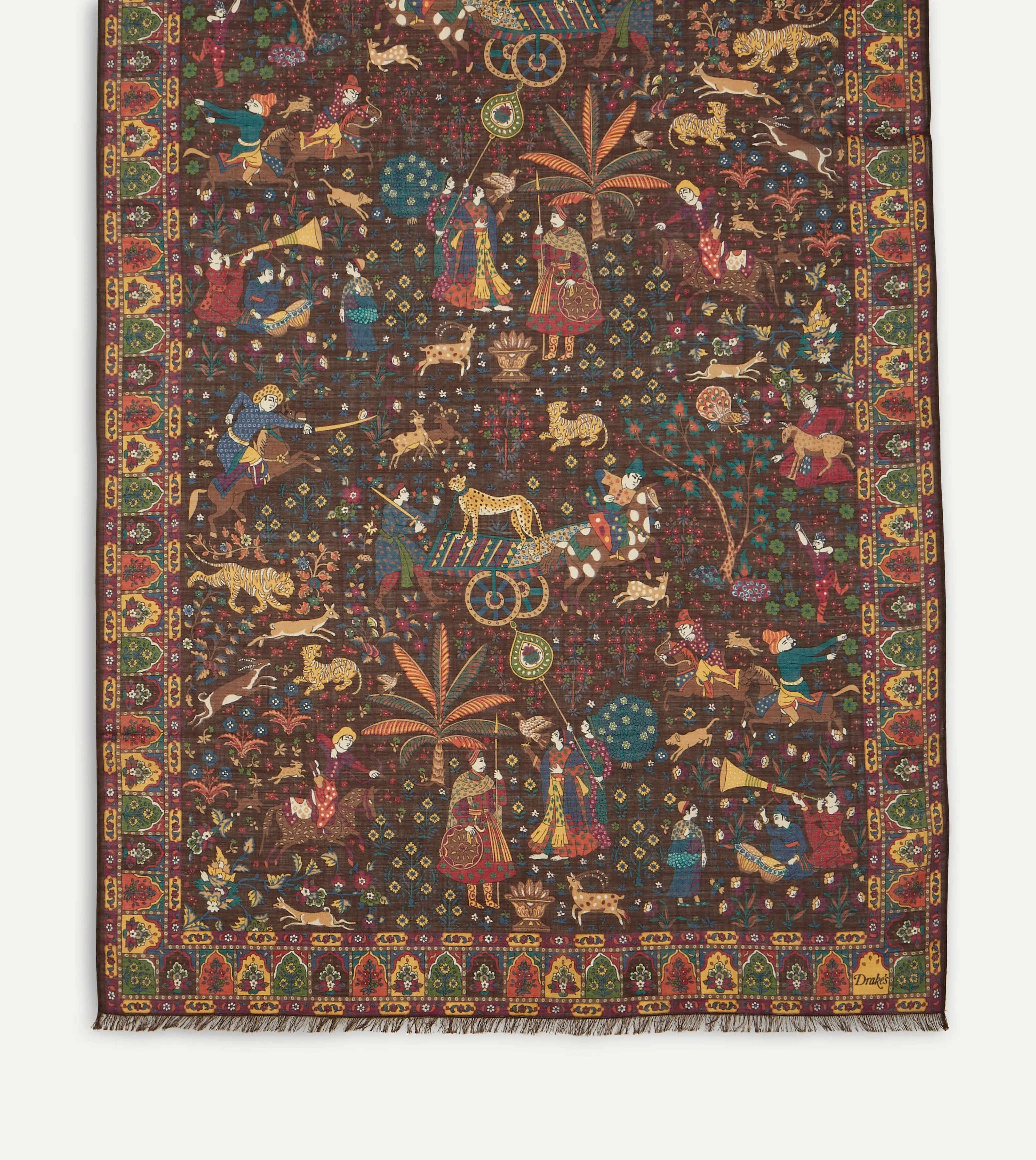 Brown Mughal Hunter Print Wool-Silk Scarf