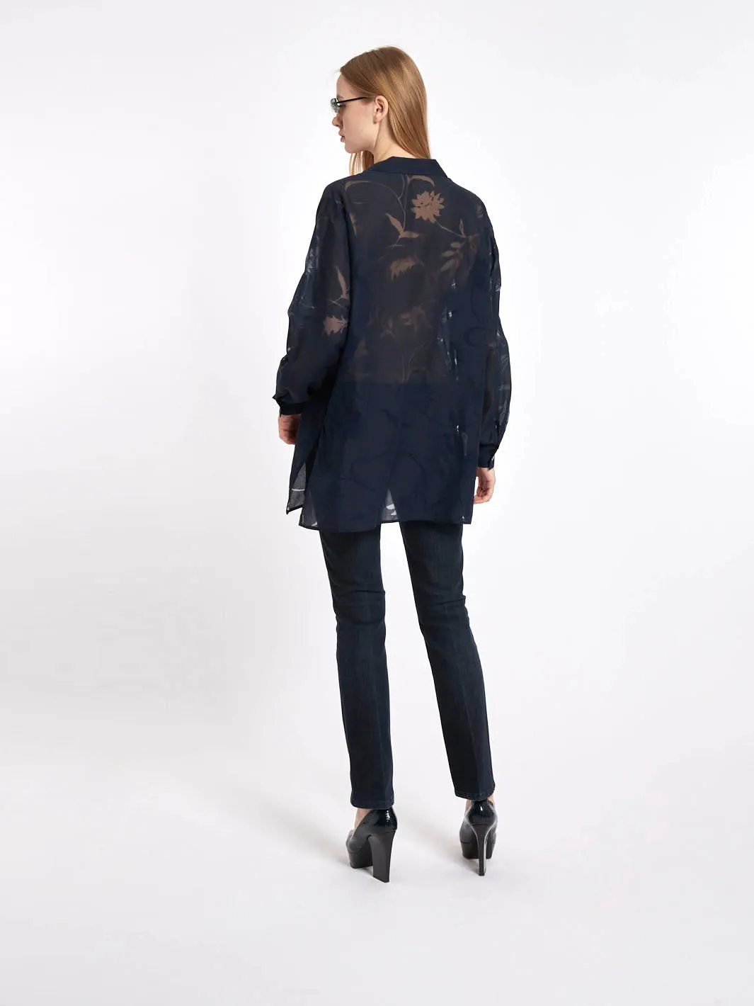 Dark blue 1990s long-sleeved Escada blouse, see through