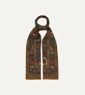 Drake's Forest Animals Print Wool & Silk Scarf / Brown