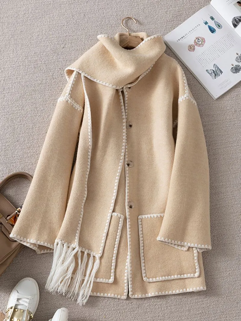 Embroie Draped Fringed Tassel Wool Blend Scarf Jacket Outerwear