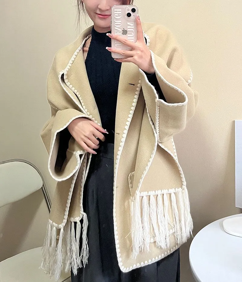 Embroie Draped Fringed Tassel Wool Blend Scarf Jacket Outerwear