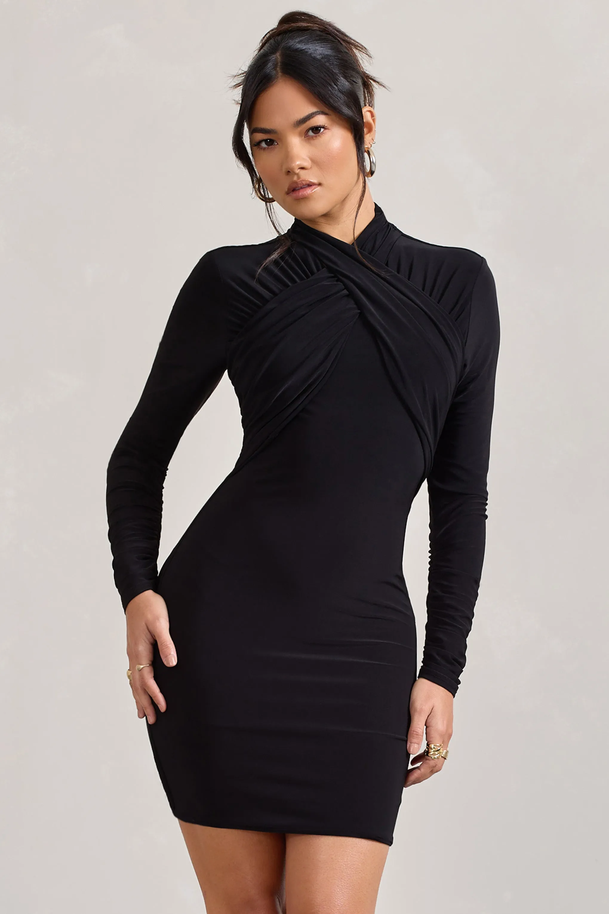 Eve | Black Crossed-Neck Long-Sleeved Bodycon Mini Dress