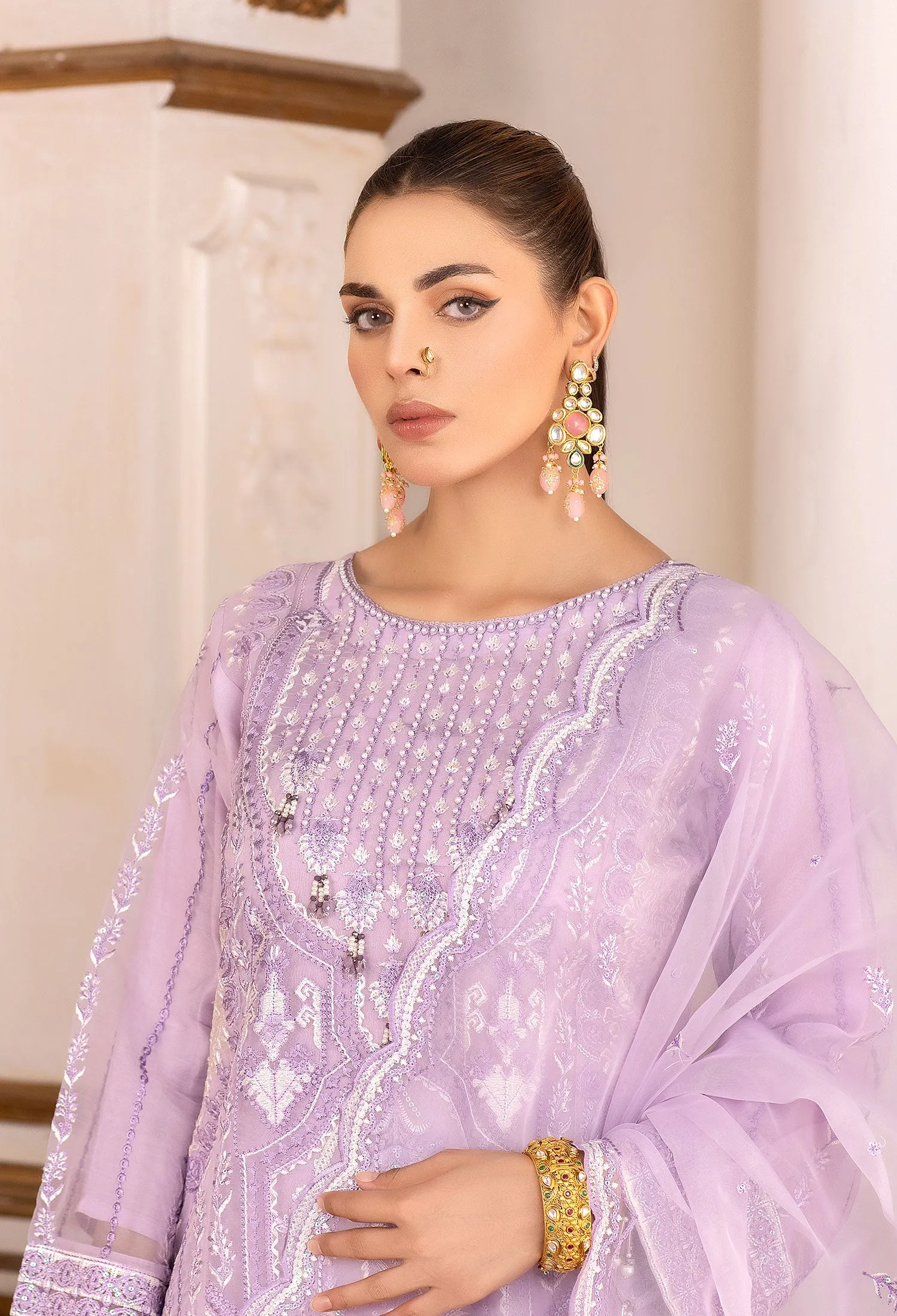 Lilac Embroidered Organza 3-Piece Suit