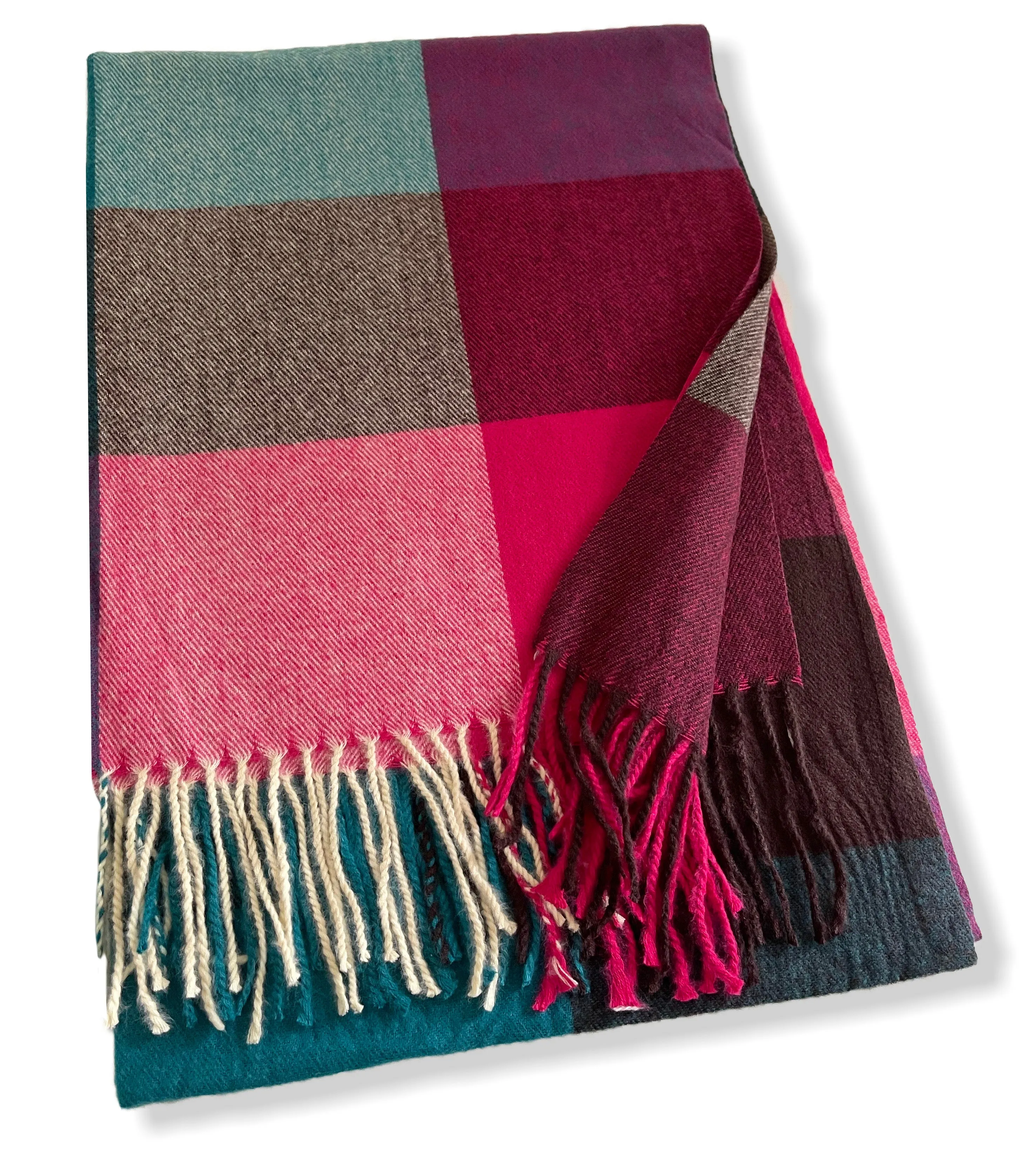 LONG FUCHSIA TEAL WOOL MIX CHECKED TARTAN SCARF