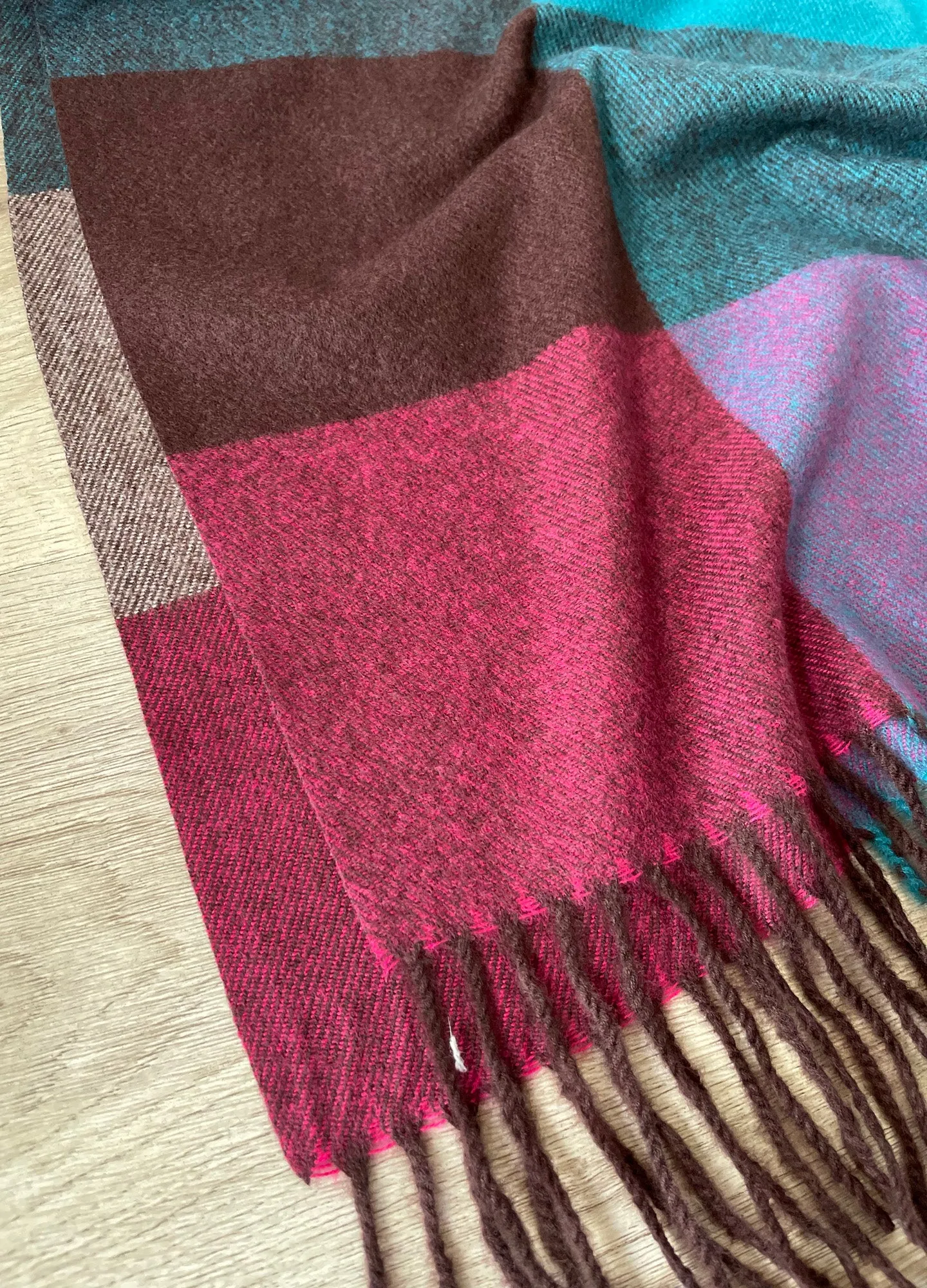 LONG FUCHSIA TEAL WOOL MIX CHECKED TARTAN SCARF