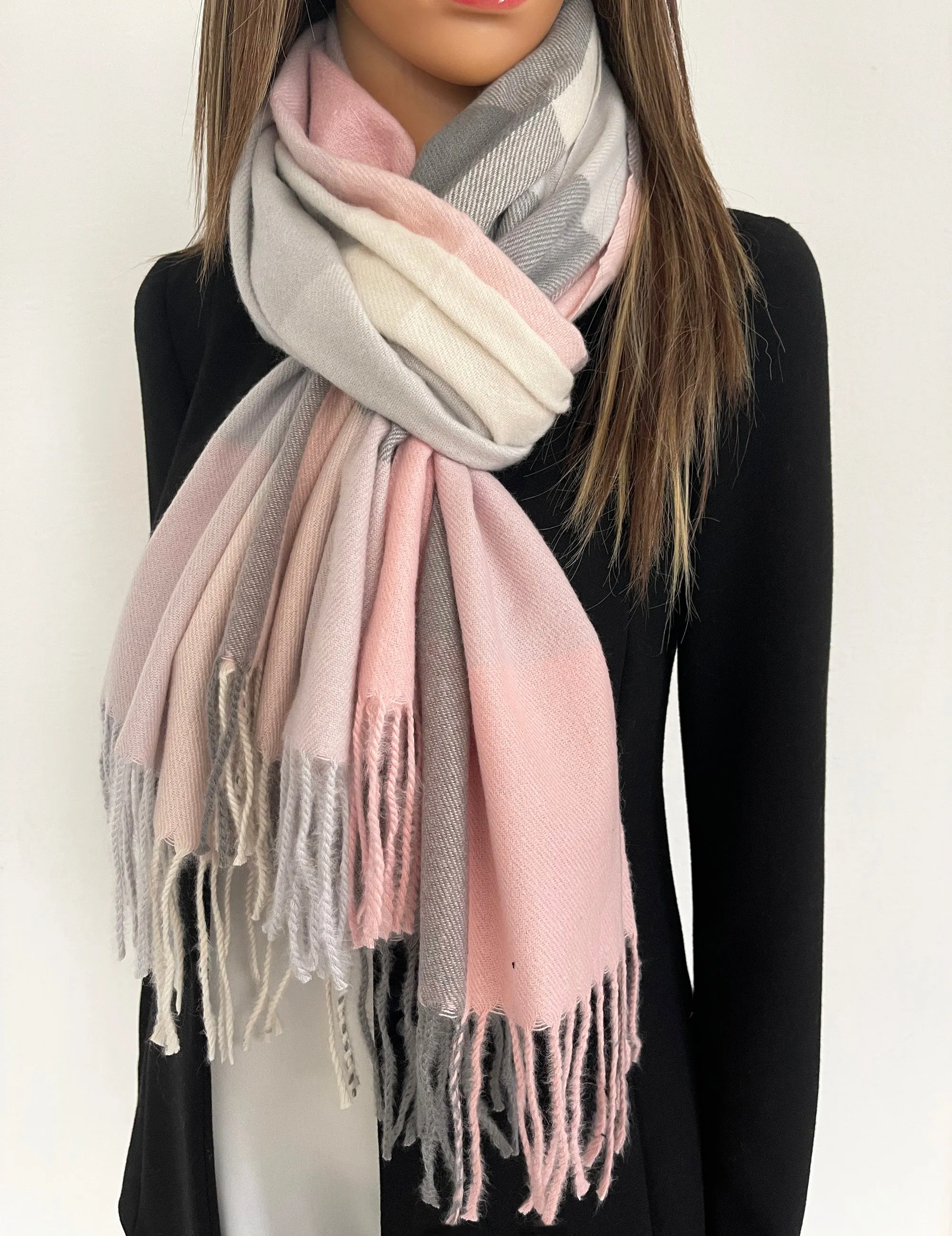 LONG LIGHT BLUSH PINK WOOL MIX CHECKED TARTAN SCARF