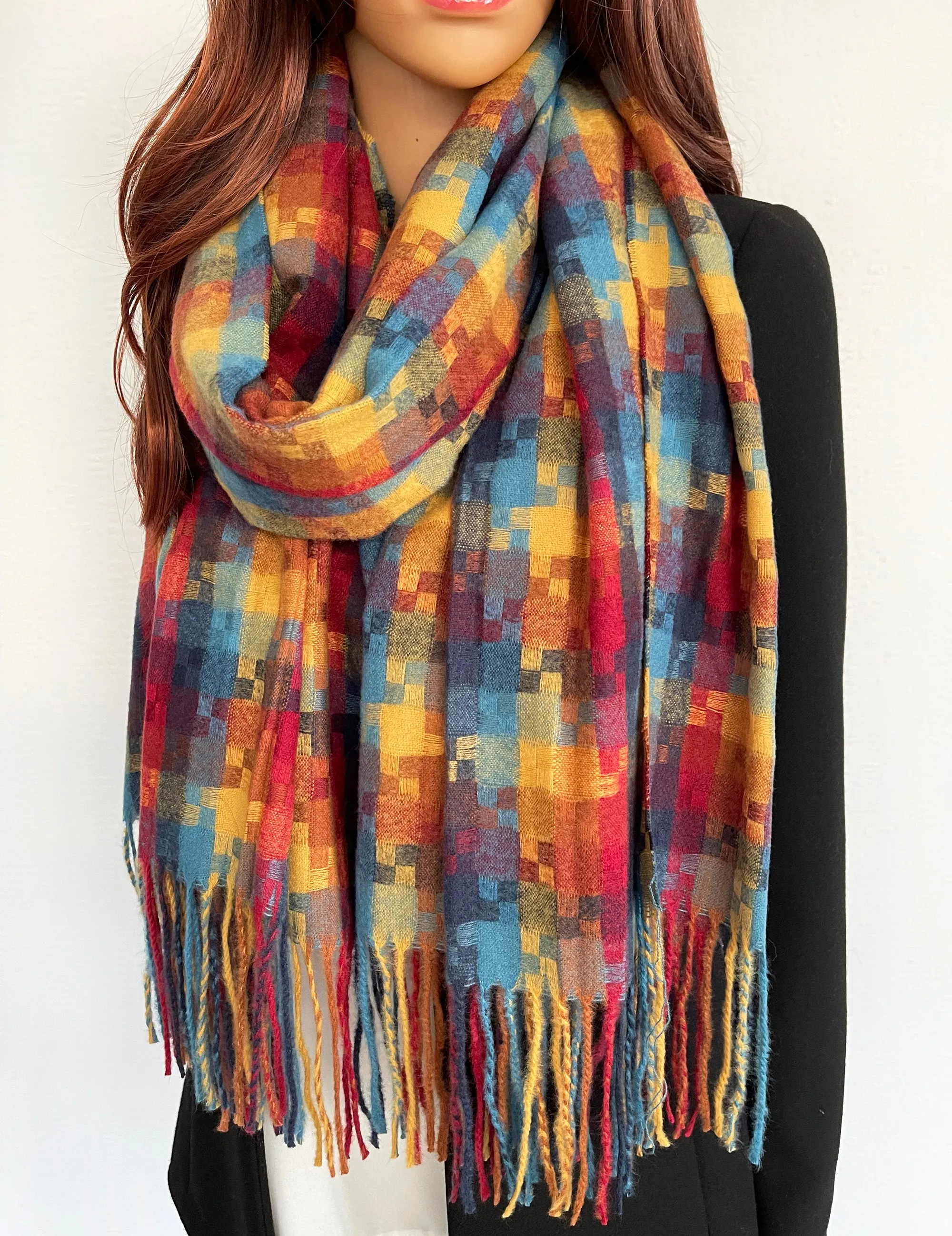 LONG RED MULTICOLOUR WOOL MIX CHECKED TARTAN SCARF