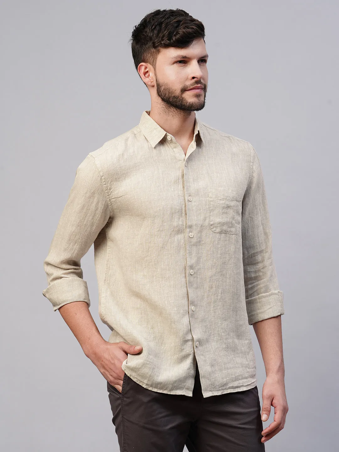 Men's 100% Linen Natural Regular Fit Long Sleeved Shirt