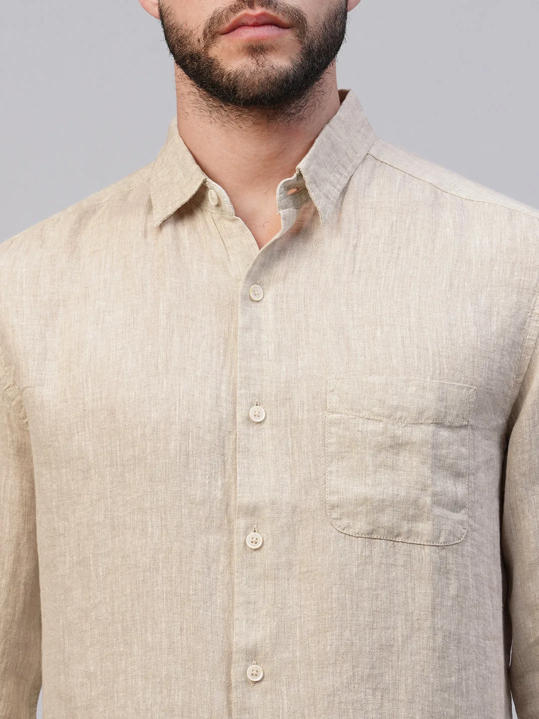 Men's 100% Linen Natural Regular Fit Long Sleeved Shirt