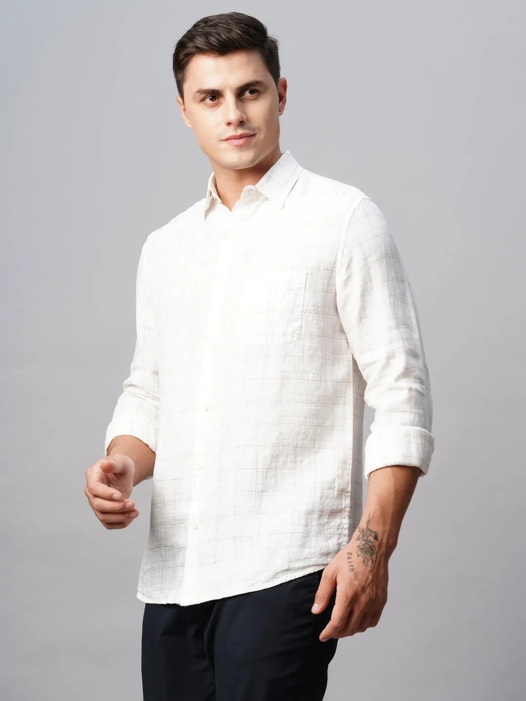 Men's 100% Linen White Regular Fit Long Sleeved Shirt