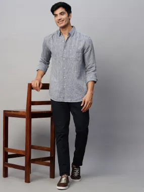 Men's Navy 100% Linen Regular Fit Long Sleeved Shirt