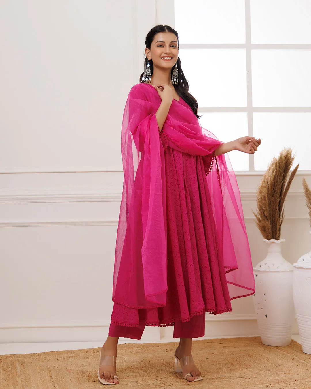 Pink Schiffili Anarkali Suit Set