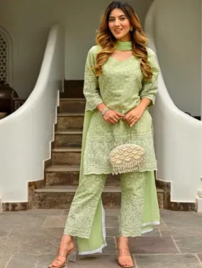 Pista Green Lucknowi Cotton Embroidery Suit