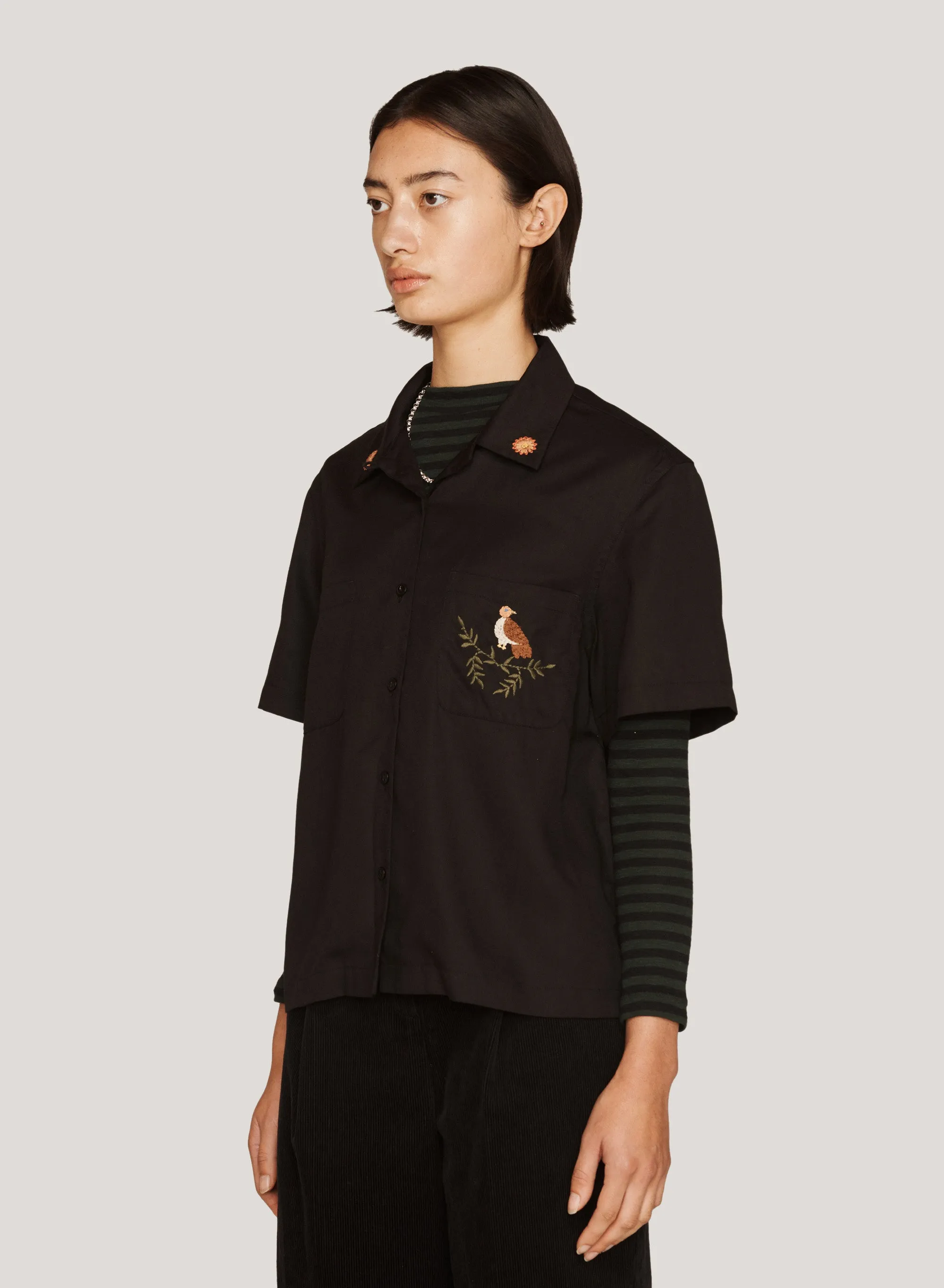 Vegas Embroidered Short Sleeved Shirt in Black